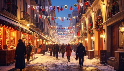 Obraz premium Festive street scene with crowds, snow, and Christmas decorations at dusk