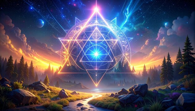 Celestial geometric symbol floats above a peaceful landscape, radiant night sky ablaze
