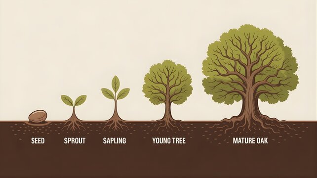 Growth stages of an oak tree from seed to mature tree vector illustration.