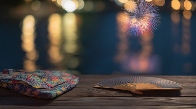 yukata. Folded fan and yukata sleeve on doorstep with fireworks over Sumida River, Tokyo summer celebration. event programs, museum guides, designed for cultural heritage projects and event programs.