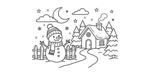 Obraz premium A cheerful snowman in a winter wonderland scene with a house and trees