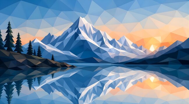 Low poly mountain landscape with snow peaks reflecting in calm lake water at sunset.