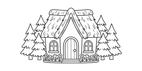 Fototapeta premium Charming cottage illustration with evergreen trees black and white line art