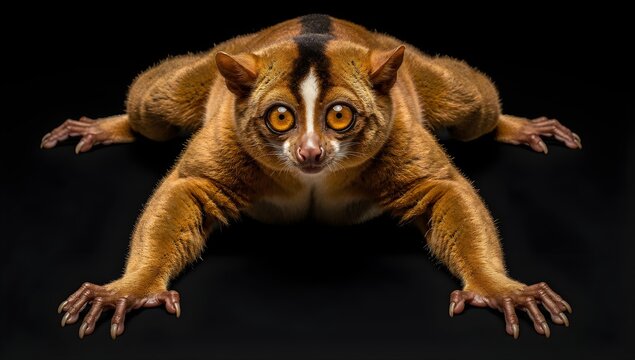 Slow loris primate isolated on black background looking at camera.