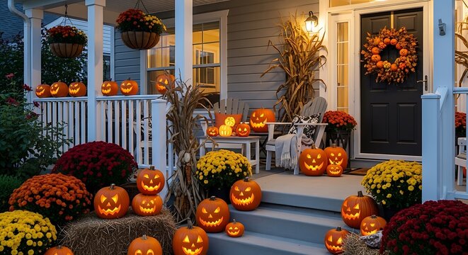Festive halloween porch decor with jack o' lanterns mums and autumnal accents