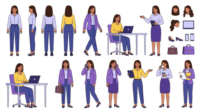 Comprehensive character constructor kit of an adult professional woman or female corporate worker, featuring various pose, gesture, and perspective for office business presentation design.