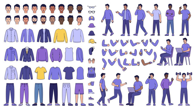 Comprehensive young man character constructor featuring flat male creation kit including various body poses, facial expressions, diverse emotions, and versatile clothing options for animation.