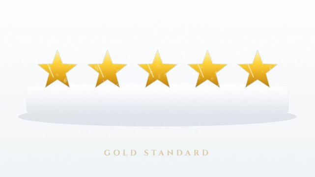Dynamic fluid simulation of metallic liquid gold pouring into five glass-like star outlines, filling them completely with realistic splashes.