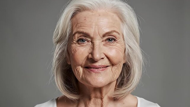 Close up portrait of serious mature woman with natural wrinkles and red hair in studio lighting
