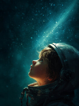 Striking portrait of child in astronaut helmet looking up with wonder in cosmic space background filled with glowing particles