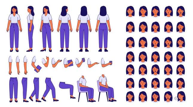 Comprehensive female character constructor kit featuring diverse body poses, limb positions, and facial expressions for animation, storyboard design, and vector illustration projects.