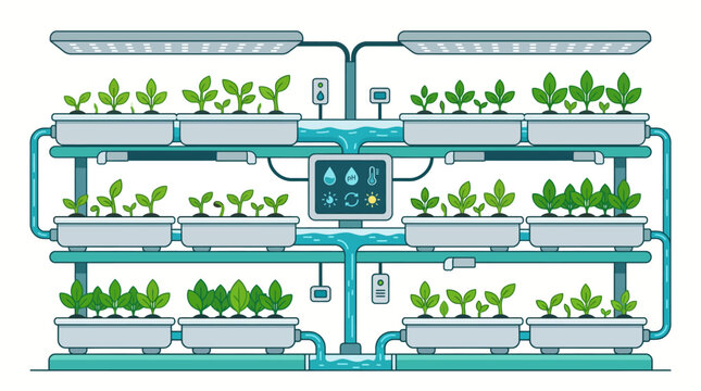 Modern hydroponic system with plants growing under LED lights indoors efficiently