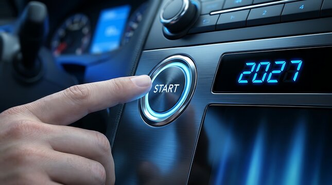 Close up view of male finger pressing car start stop switch on dark dashboard with year 2027 illuminated on digital screen inside sophisticated vehicle cabin area.