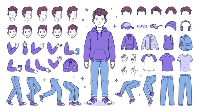 Youthful adolescent male character creation kit featuring versatile body position dynamic leg arm posture diverse gesture and emotional expression for 2D animation sequence and rigging design