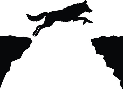 Wolf silhouette jumping over cliff gap, wild animal leaping across mountain canyon, black predator jumping over abyss vector illustration
