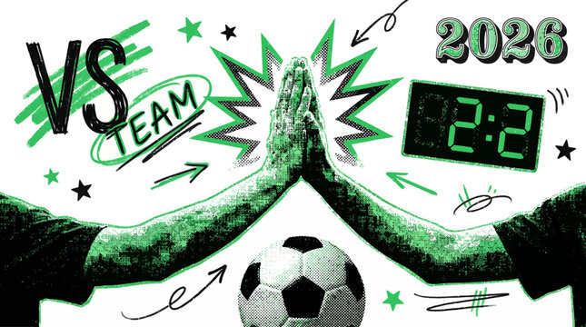 Football halftone collage set. Soccer world cup clash stickers with versus, raised hands, scoreboard, and 2026 score. Modern retro grunge mixed media doodles.