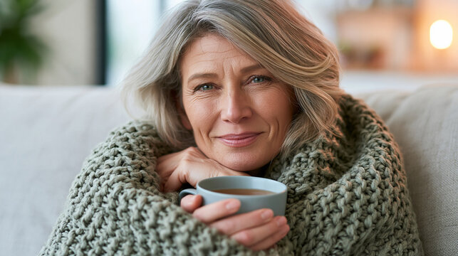 Frau h&auml;lt eine Tasse Tee. Hat warme Kleidung an. Erk&auml;ltung - Winter - K&auml;lte