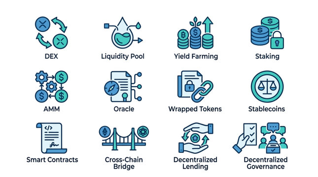 Blockchain Icons Representing Decentralized Finance Concepts.