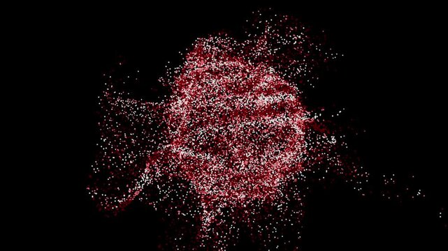 An abstract visual sequence of red particles forming a spherical shape appearing and dissipating in a fine pattern on a black background, suitable for titles or logo reveals.