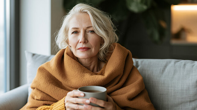 Frau h&auml;lt eine Tasse Tee. Hat warme Kleidung an. Erk&auml;ltung - Winter - K&auml;lte