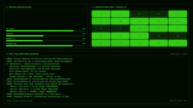Real Time Cloud Infrastructure Resource Monitor Dashboard With Node Cluster Matrix CPU RAM Network Telemetry and Kubernetes Deployment Log Animation.