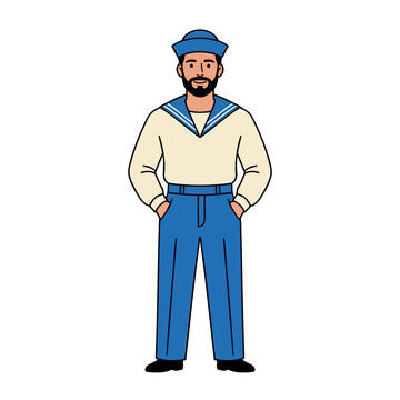 A male bearded boatswain wearing sailor uniform, flat vector modern illustration.