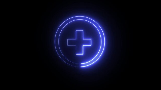 A glowing blue neon plus sign enclosed in a circle.