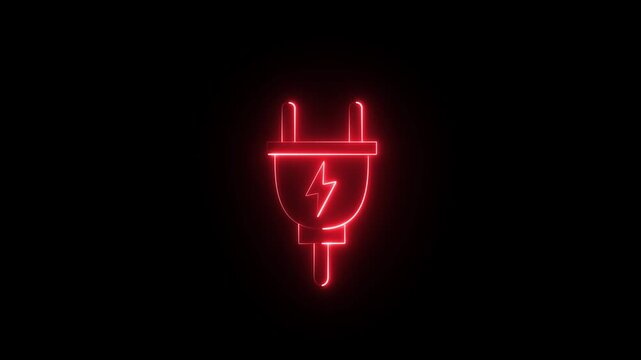 A vibrant red neon outline of an electrical plug illuminated against a black background.