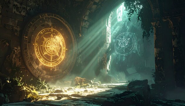Ancient, ruined corridor with mystical wall dials, sunbeams, and overgrown foliage
