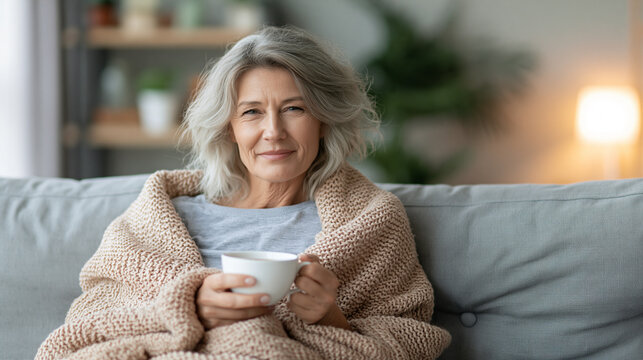 Frau h&auml;lt eine Tasse Tee. Hat warme Kleidung an. Erk&auml;ltung - Winter - K&auml;lte
