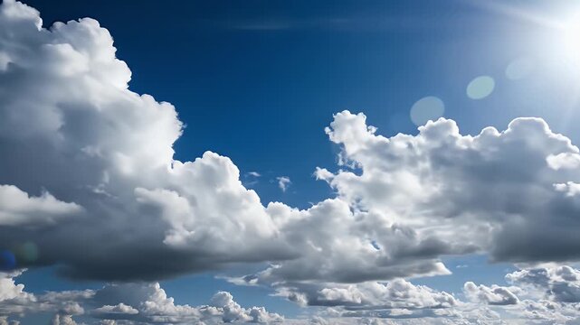 Bright Sunshine and Fluffy Clouds in a Vibrant Blue Sky - The video captures a breathtaking daytime sky, with bright sunshine illuminating a vibrant blue backdrop filled with fluffy white clouds.