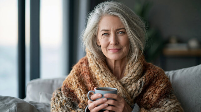 Frau h&auml;lt eine Tasse Tee. Hat warme Kleidung an. Erk&auml;ltung - Winter - K&auml;lte