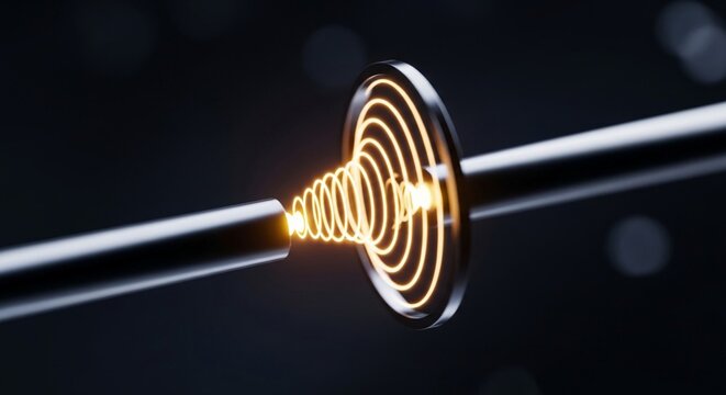 Extreme close-up of a glowing quantum qubit transmitting energy waves, representing advanced computing and technological innovation.