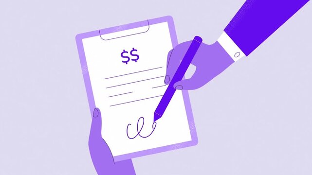 Hand Signing Financial Document Agreement with Dollar Sign on Clipboard for Business Contract 2D Animation
