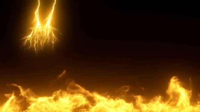 Slow motion tracking shot of lightning bolts falling and striking over roaring flames on dark background low angle studio setting