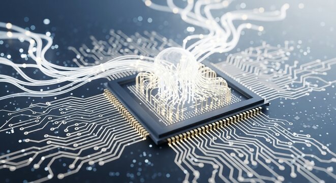 Quantum AI emerges from a futuristic microchip circuit board with glowing neural network pathways