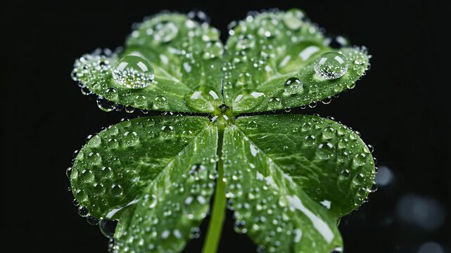 Close-Up of Water-Drenched Four-Leaf Clover - A detailed close-up video of a four-leaf clover, adorned with glistening water droplets, set against a stark black background.