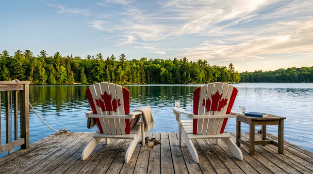 Two Adirondack Chairs with Canadian Flag Pattern on Wooden Dock Overlooking Calm Blue Lake with Green Forest at Golden Hour Sunset, Canada Travel Lifestyle Background