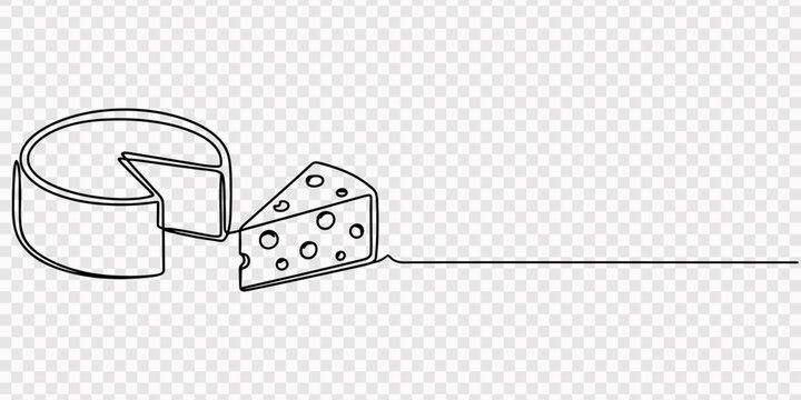 Continuous one line drawing of a wedge of cheese with holes. Concept of dairy products and food, Cheese wedge placed on continuous line decorative border illustration. none editable strokes, Cheese