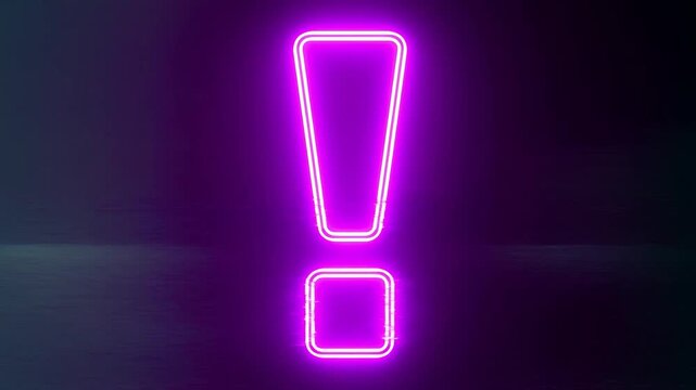 Static shot of neon exclamation mark flickering against dark textured background with horizontal glitch scan and subtle light bloom