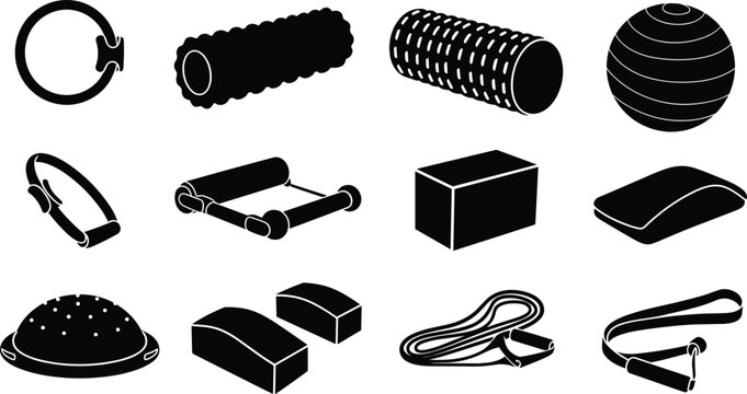 Fitness Pilates Vector Icon Set with Foam Rollers Exercise Balls Resistance Bands Yoga Blocks and Workout Silhouettes
