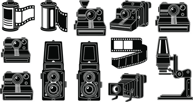 Retro Film Photography Vector Icon Set with Vintage Cameras Analog Film Rolls Twin Lens Reflex and Darkroom Silhouettes