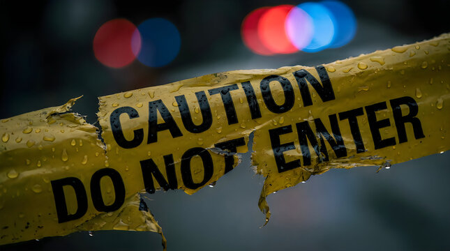 Torn Yellow Caution Do Not Enter Police Tape with Water Droplets and Red Blue Emergency Lights on Dark Background, Grunge Crime Scene Law Enforcement Investigation Thriller Concept