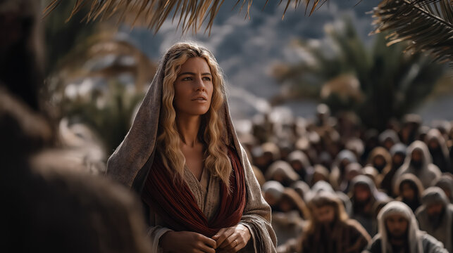 Deborah under palm tree delivering judgment as gathered crowd listens in ancient desert cinematic realism