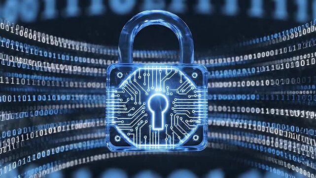 Digital Security and Data Encryption Concept - A glowing blue padlock symbolizes digital security and encryption on a background filled with binary code, representing data protection and