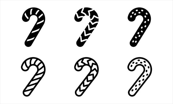 candy cane icon set with striped and peppermint candy shapes, monochrome vector style