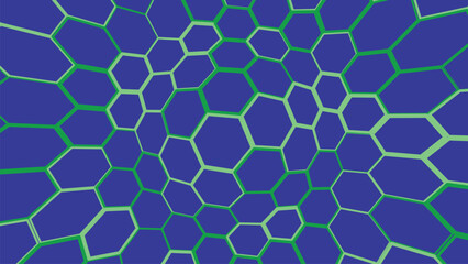 Fototapeta premium Abstract geometric blue background with green honeycomb pattern, honeycomb