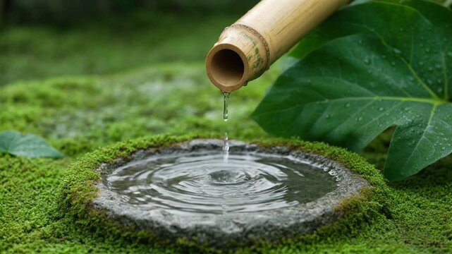 Gentle Water Flow from Bamboo Spout in a Mossy Japanese Garden with Spring Flowers.