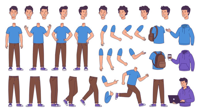 Versatile casual young man character constructor kit featuring modular body parts various facial expressions hand gestures and leg positions for creative animation and graphic design projects.