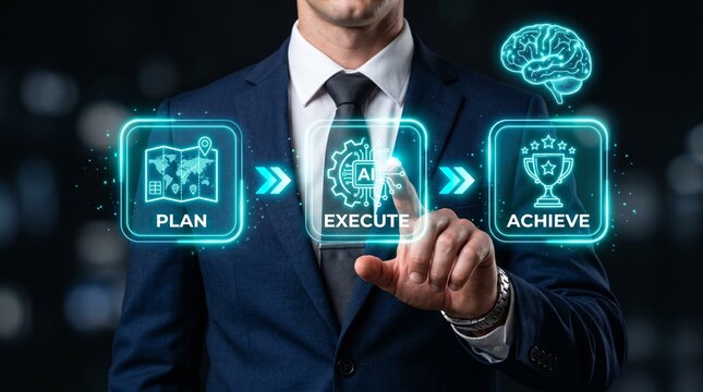 Business professional pointing at digital plan execute achieve strategy icons on dark futuristic background